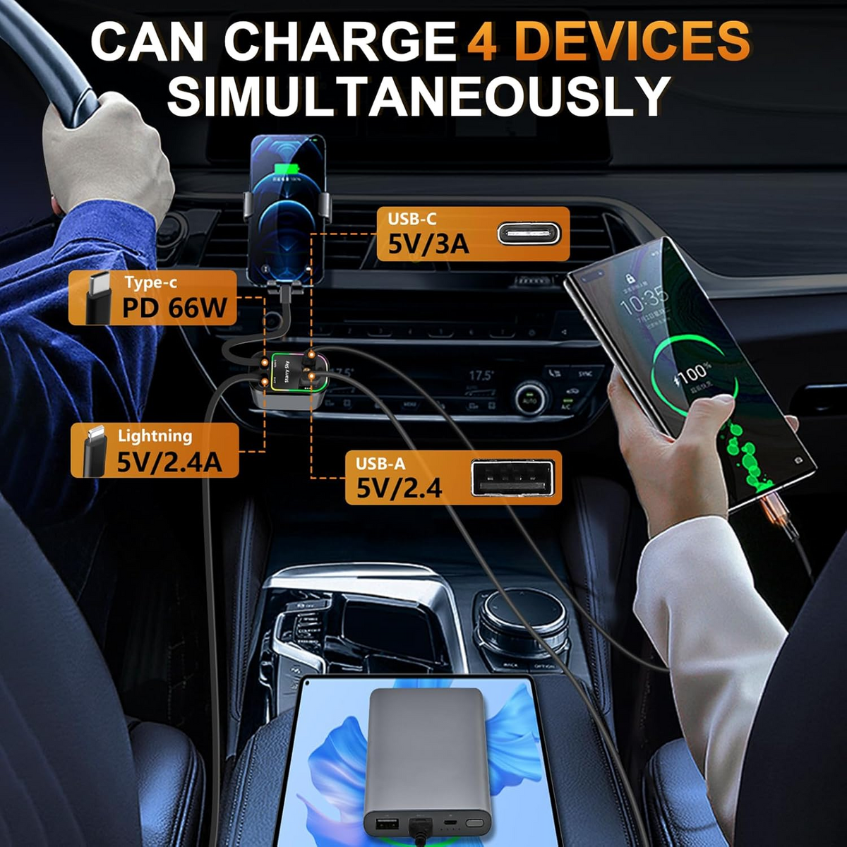4-In-1 Car Phone Charger with Star Light